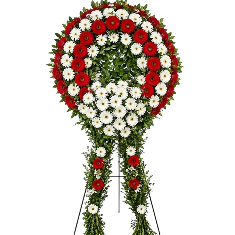 Kırmızı Beyaz Gerbera  Ayaklı Cenaze Çelenk