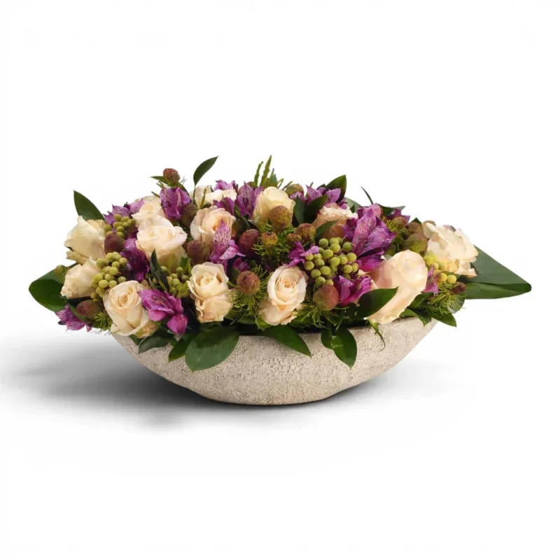 Oval Kasede Krem Gül ve Mor Alstromeria Masa Aranjmanı